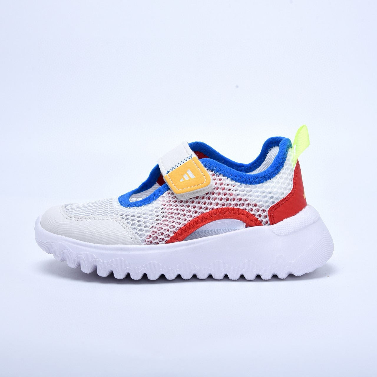 Adidas mesh single buckle sandals" white, with red and blue "