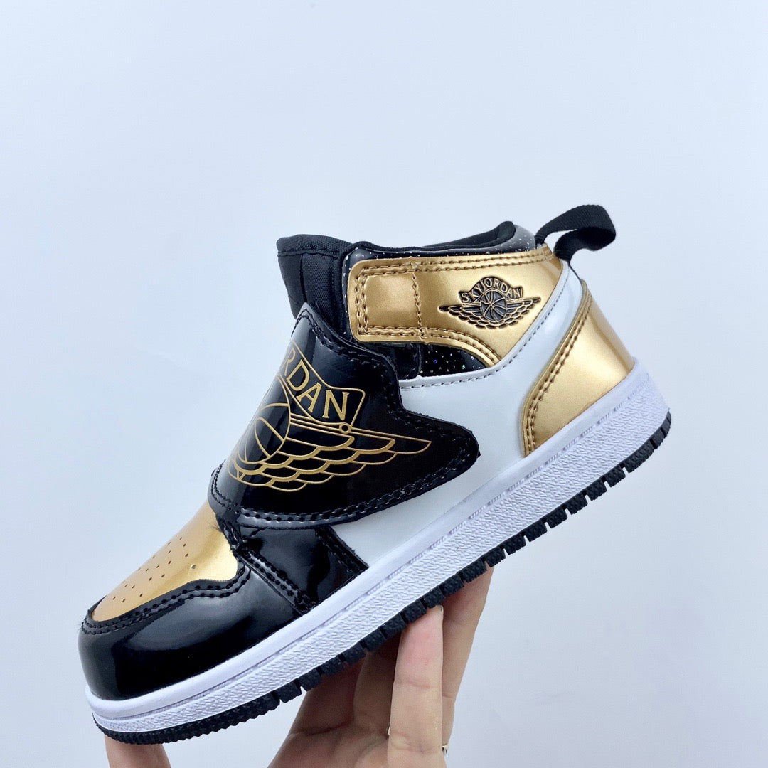 AJ Joe One-Wing Velcro Children's Shoes" black, white, gold"