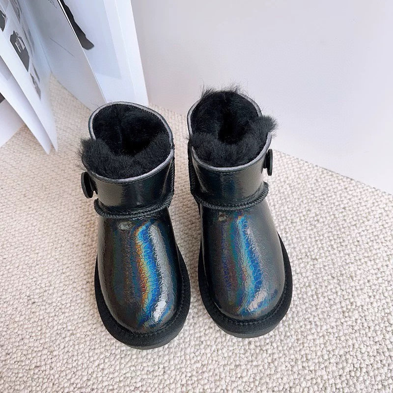 U-GG fur and leather waterproof side-stitched bright leather" black"