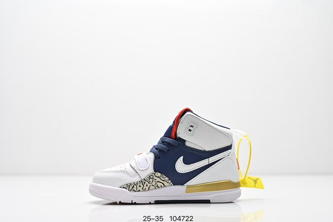 Jordan 312 high top children's shoes full second layer leather" white, Navy"