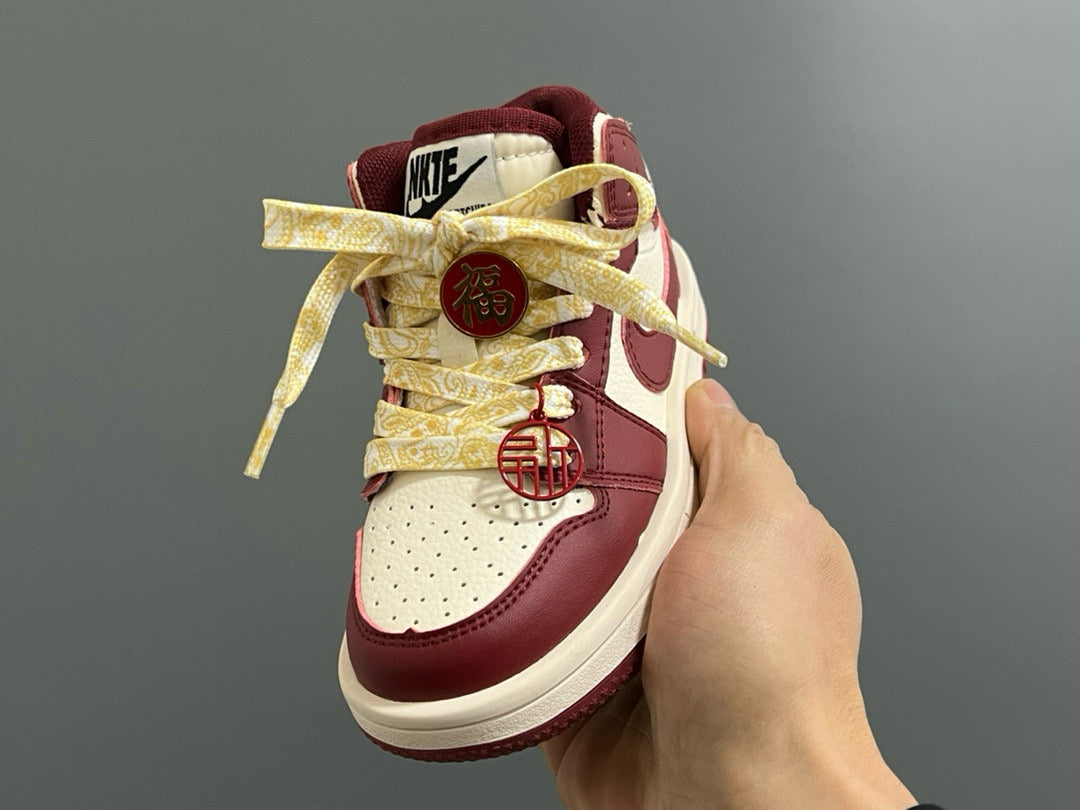 Qiaoyi new high and low top Velcro children's sneaker" cream, burgundy"
