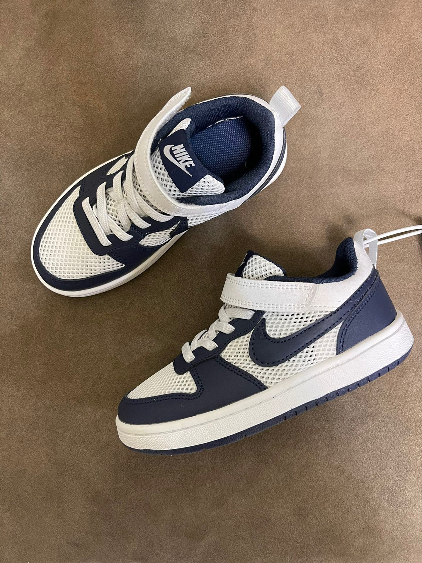 NIKE workwear Air Force One mesh elastic band Velcro children's shoes" cream, Navy"