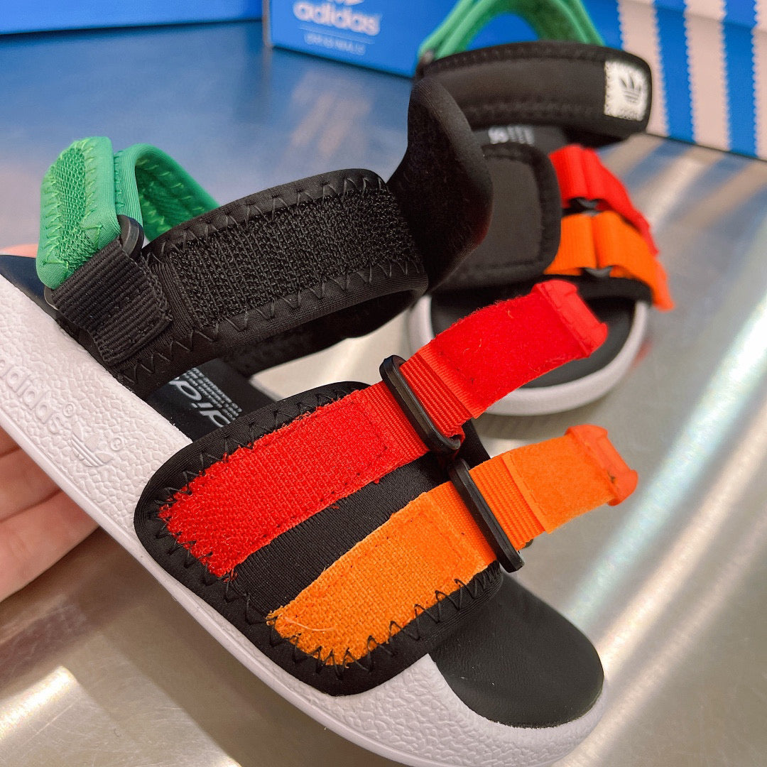 Adidas clover hook and loop beach sandals" black, orange, & green"