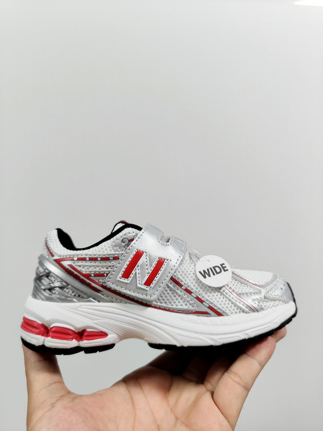 NB 1906 Velcro Kids Running Shoes" white, silver, red"