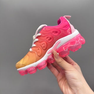 Nike AIR MAX plus full-length air cushion"  warm yellow , pink , & light orange"