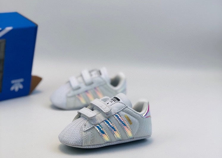Adidas baby shoes" white, blue, silver"