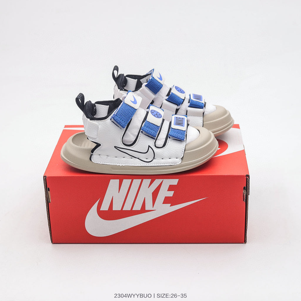 Nike three-bar closed-toe sandals" white, blue"