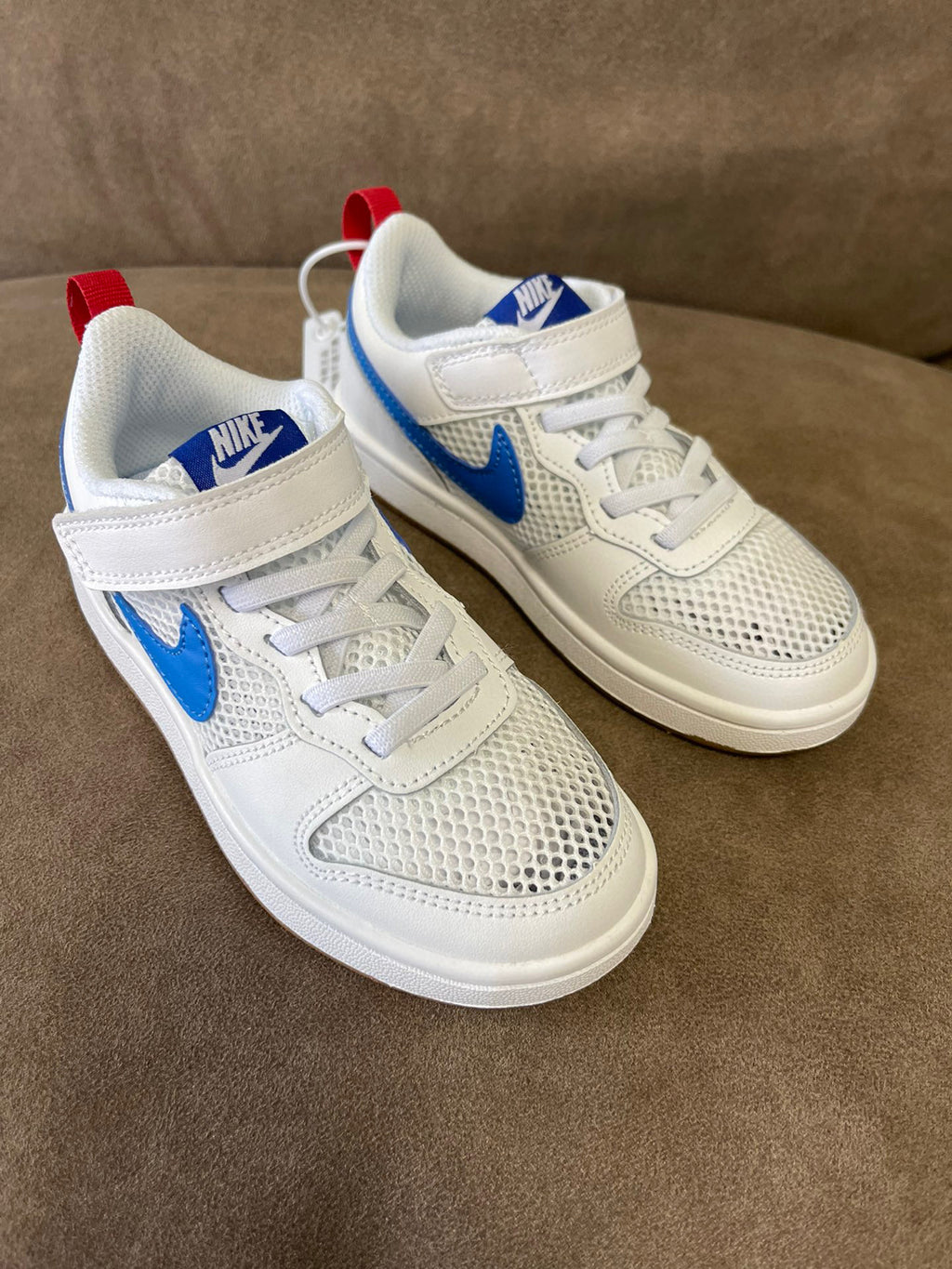 NIKE workwear Air Force One mesh elastic band Velcro children's shoes" white, blue"