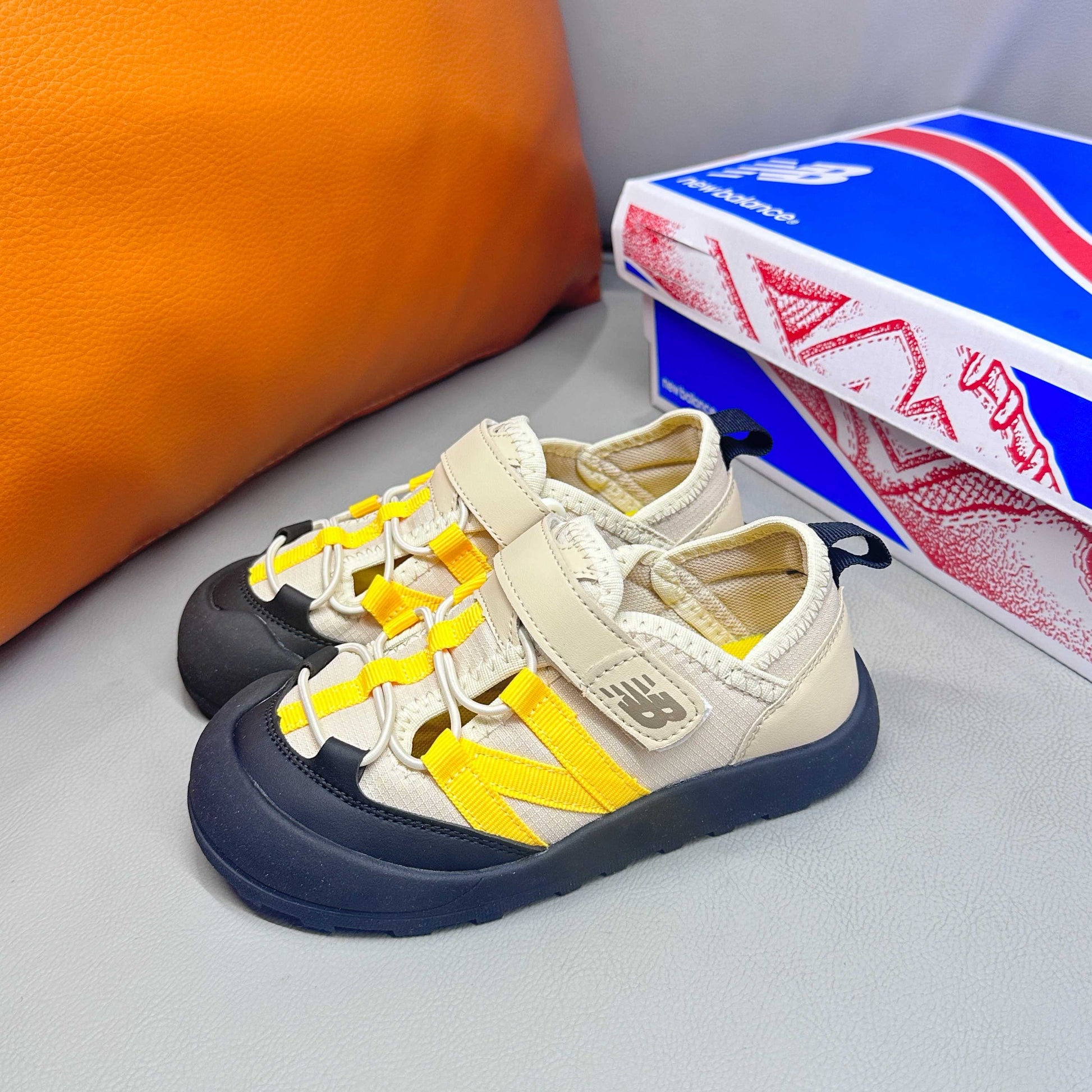 N3205 Velcro Sandals"black, light beige/cream, and yellow"