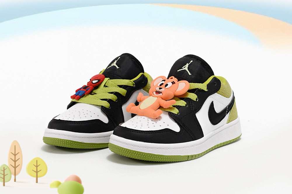 Jordan low-top first generation cartoon children's shoes" white, black, olive green"