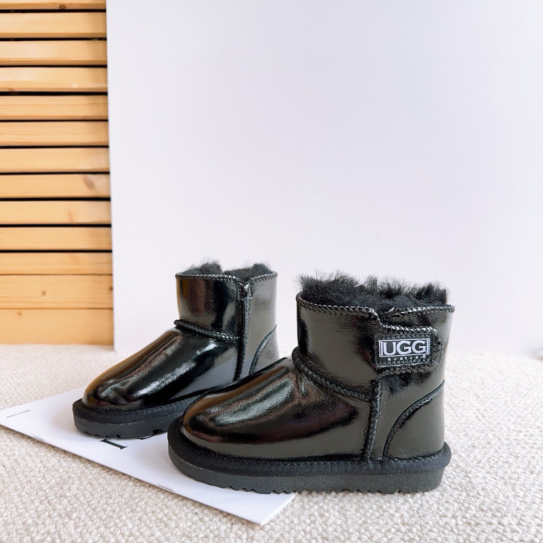 U-GG fur and leather waterproof side-stitched bright leather" black"