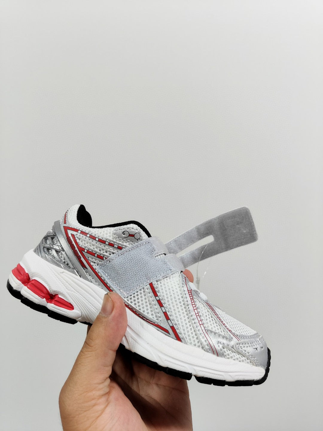 NB 1906 Velcro Kids Running Shoes" white, silver, red"
