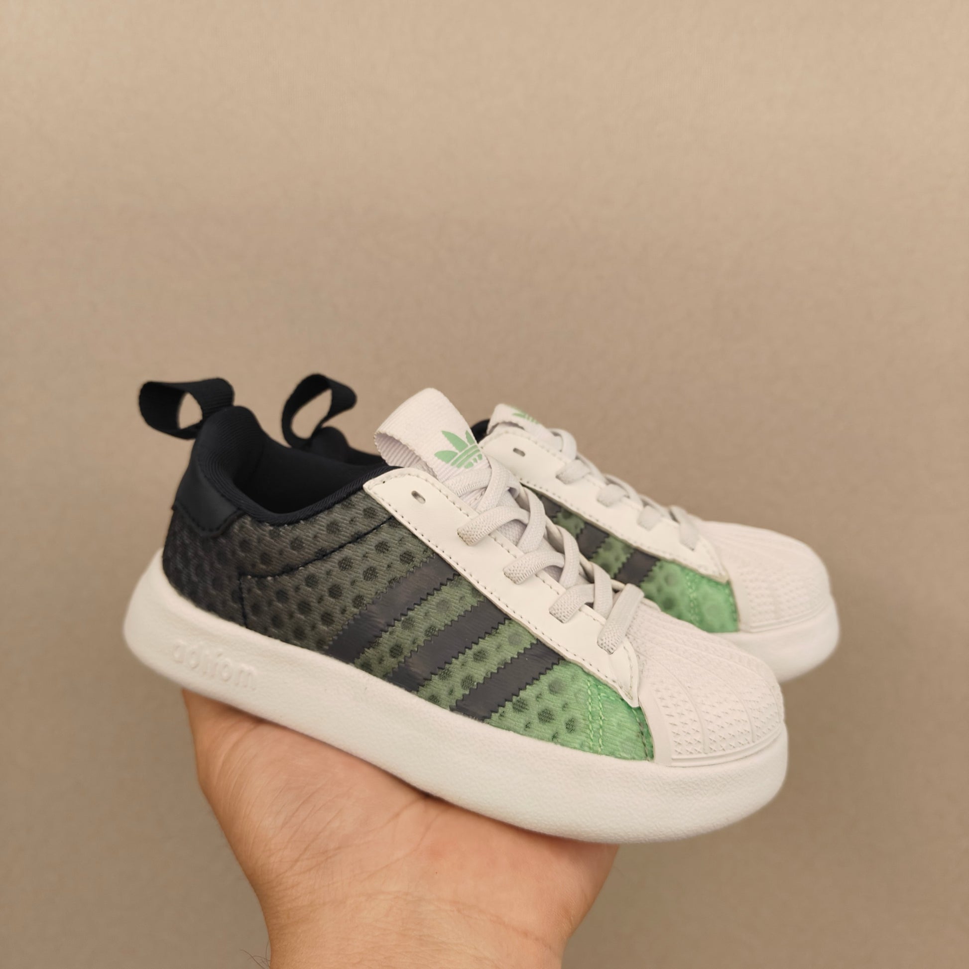 shell toe second generation" dark grey, Green, & White"
