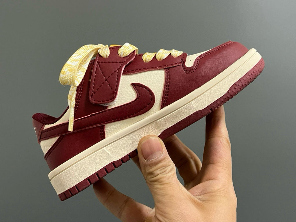Qiaoyi new high and low top Velcro children's sneaker" cream, burgundy"