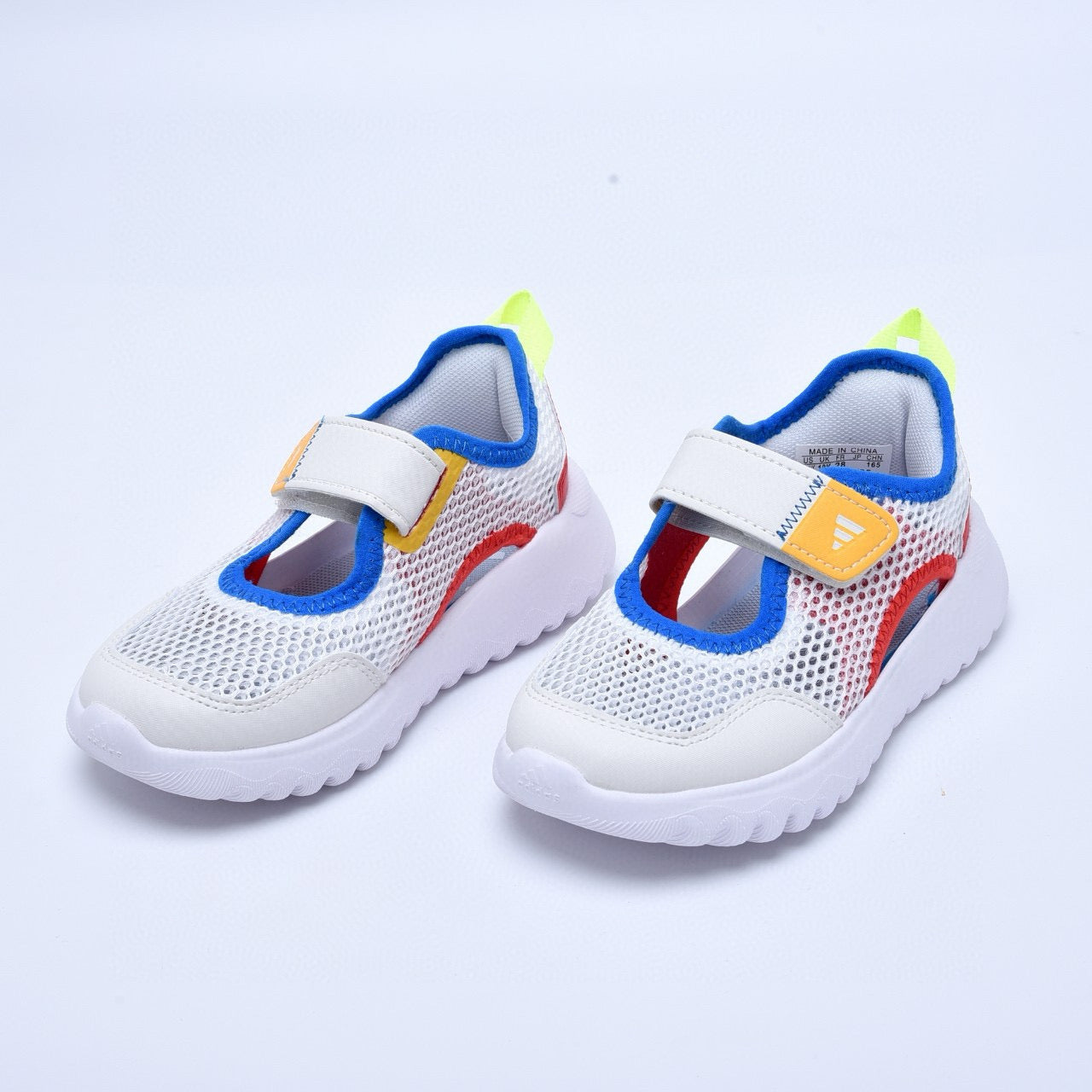 Adidas mesh single buckle sandals" white, with red and blue "