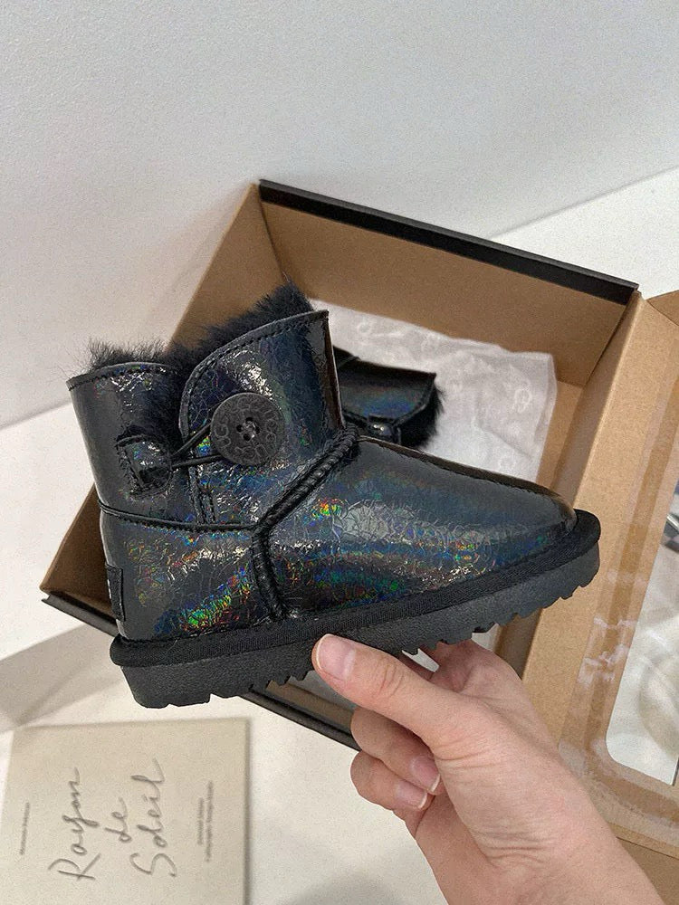U-GG fur and leather waterproof side-stitched bright leather" black"