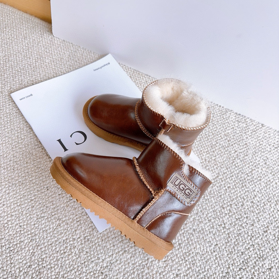 U-GG fur and leather waterproof side-stitched bright leather" brown"