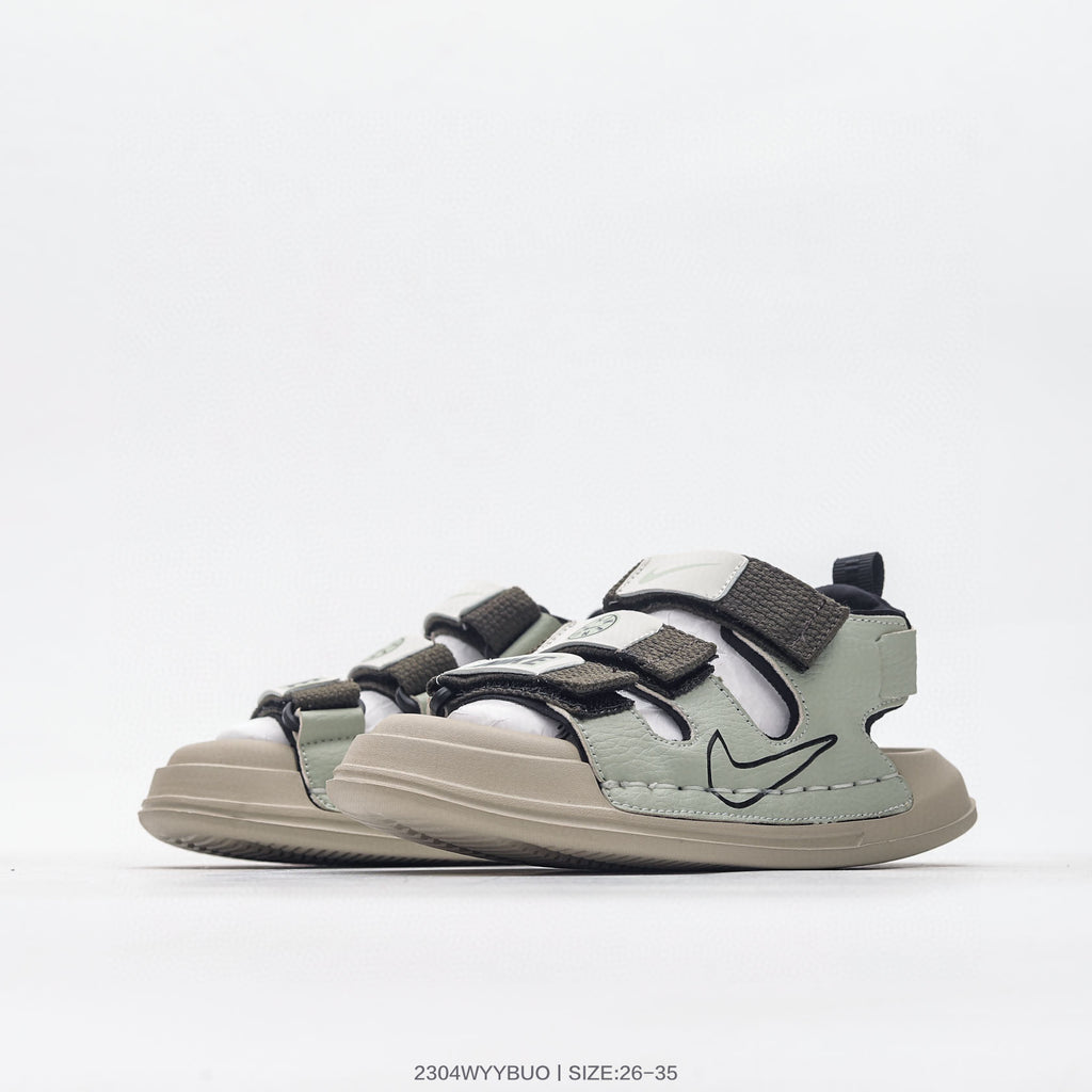 Nike three-bar closed-toe sandals" light olive"