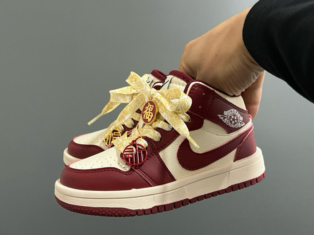 Qiaoyi new high and low top Velcro children's sneaker" cream, burgundy"