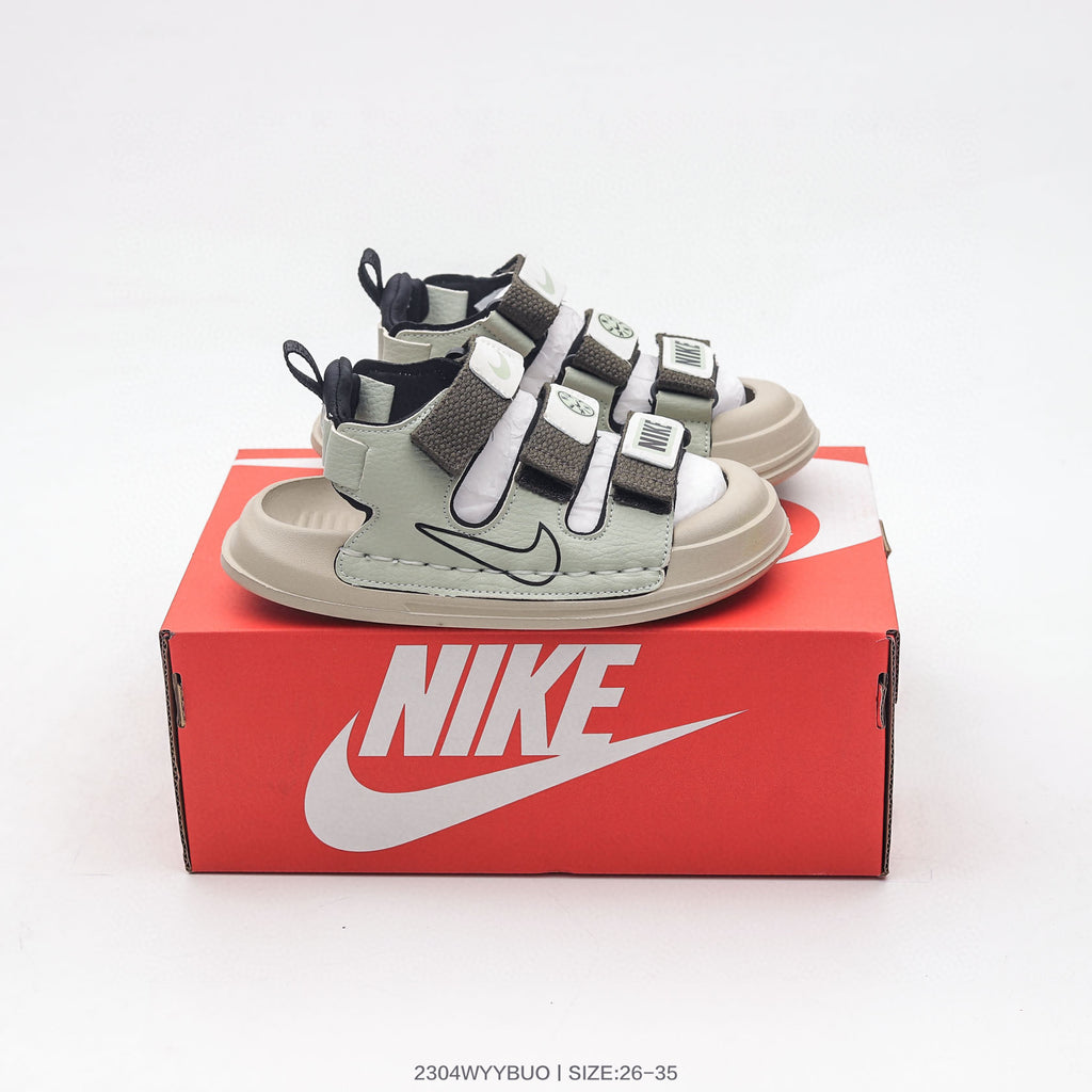Nike three-bar closed-toe sandals" light olive"