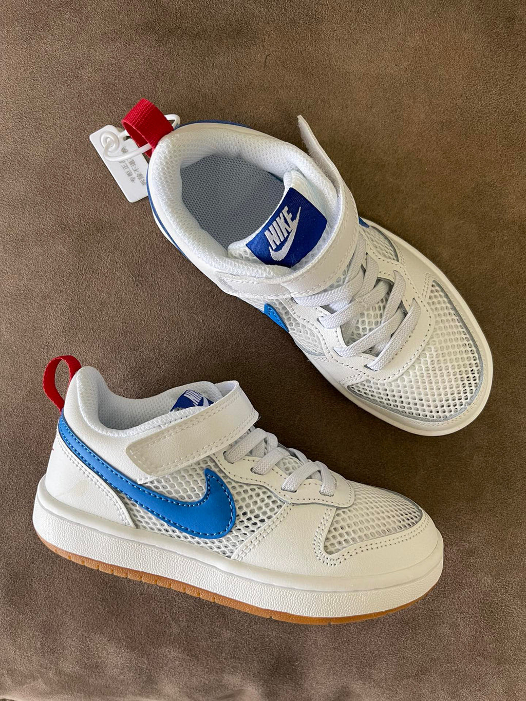 NIKE workwear Air Force One mesh elastic band Velcro children's shoes" white, blue"