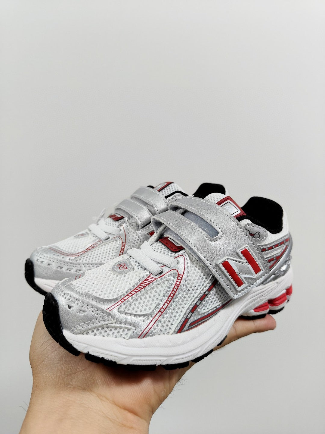NB 1906 Velcro Kids Running Shoes" white, silver, red"