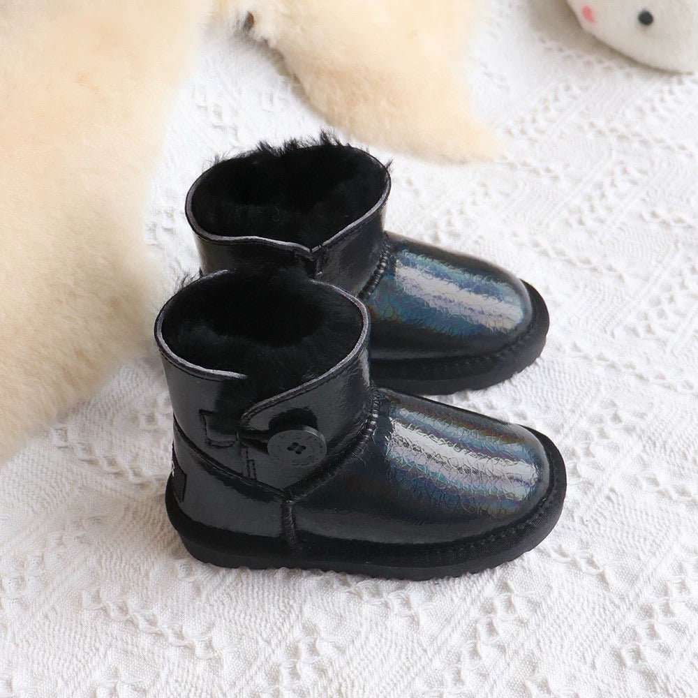 U-GG fur and leather waterproof side-stitched bright leather" black"