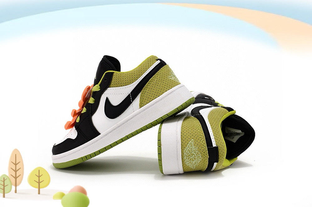 Jordan low-top first generation cartoon children's shoes" white, black, olive green"