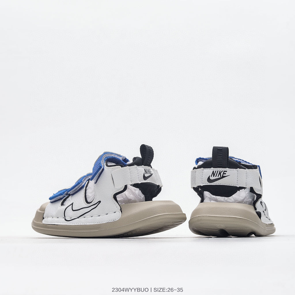 Nike three-bar closed-toe sandals" white, blue"