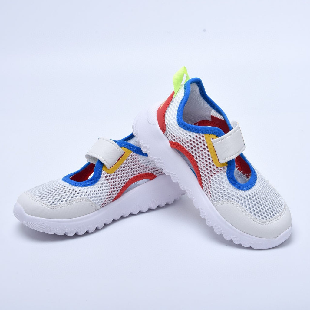 Adidas mesh single buckle sandals" white, with red and blue "