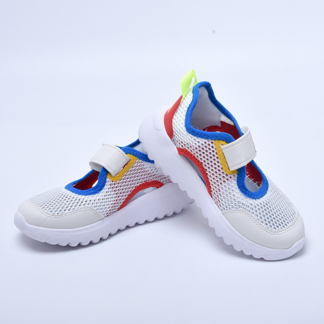 Adidas mesh single buckle sandals" white, with red and blue "