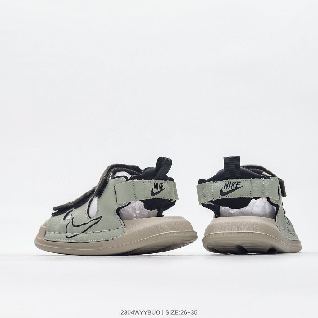 Nike three-bar closed-toe sandals" light olive"