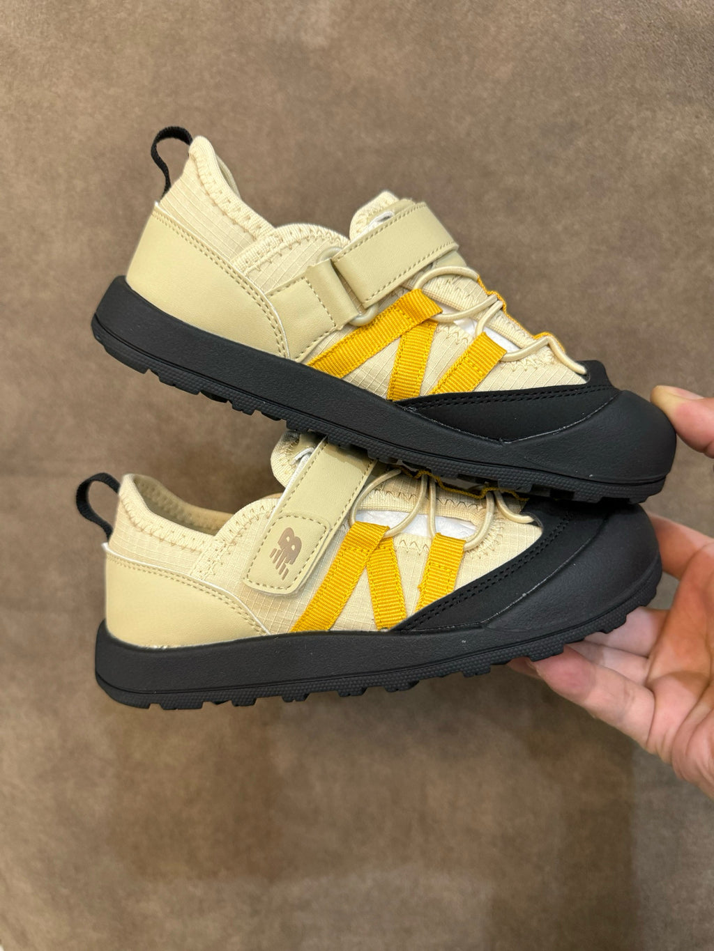 N3205 Velcro River Tracing Children's Sandals"   black, light beige/cream, and yellow"