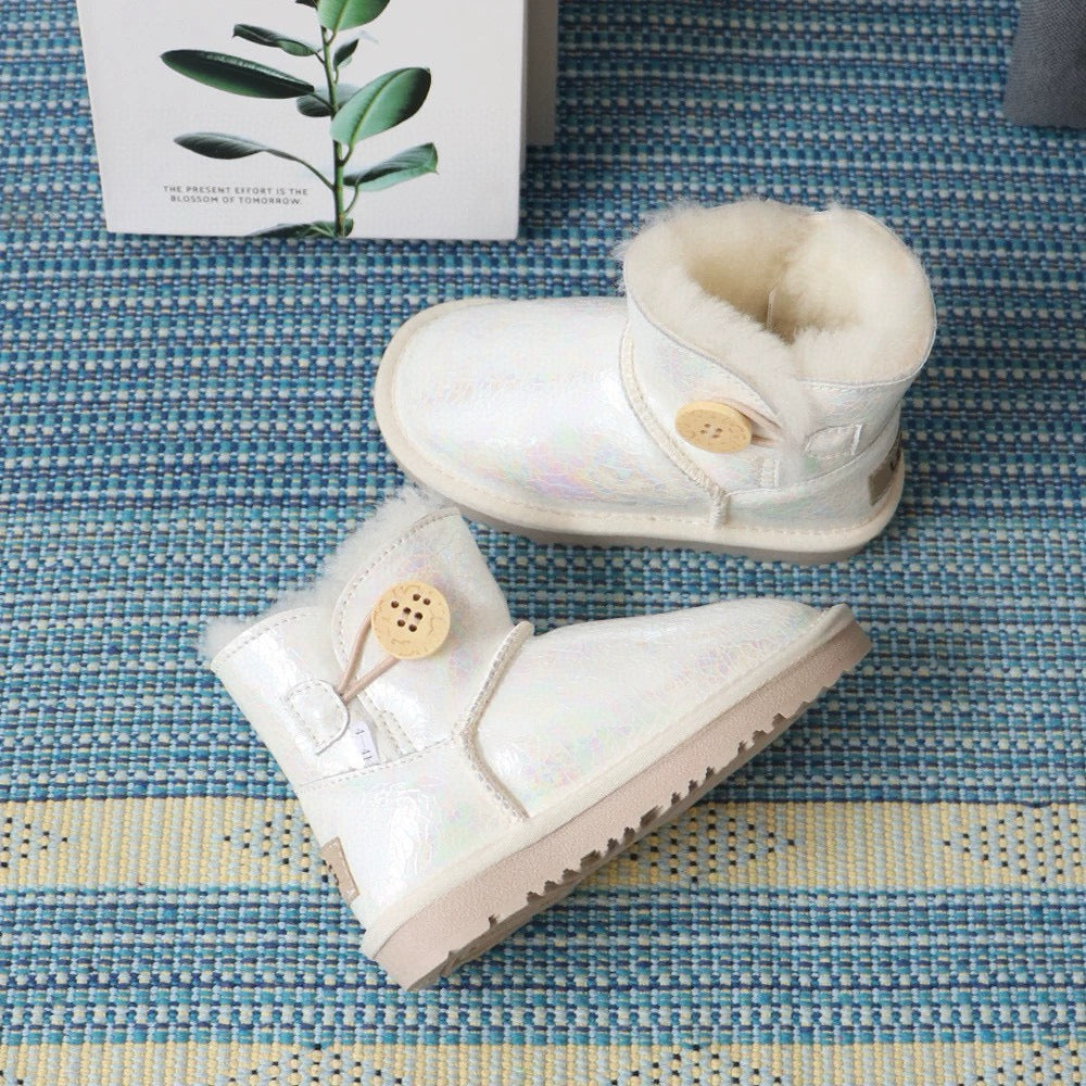 U-GG fur and leather waterproof side-stitched bright leather" white"