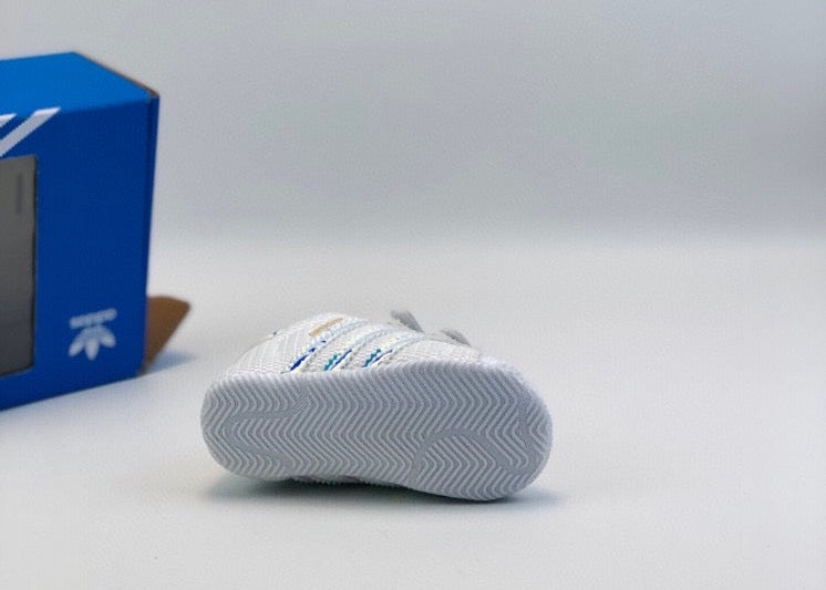 Adidas baby shoes" white, blue, silver"