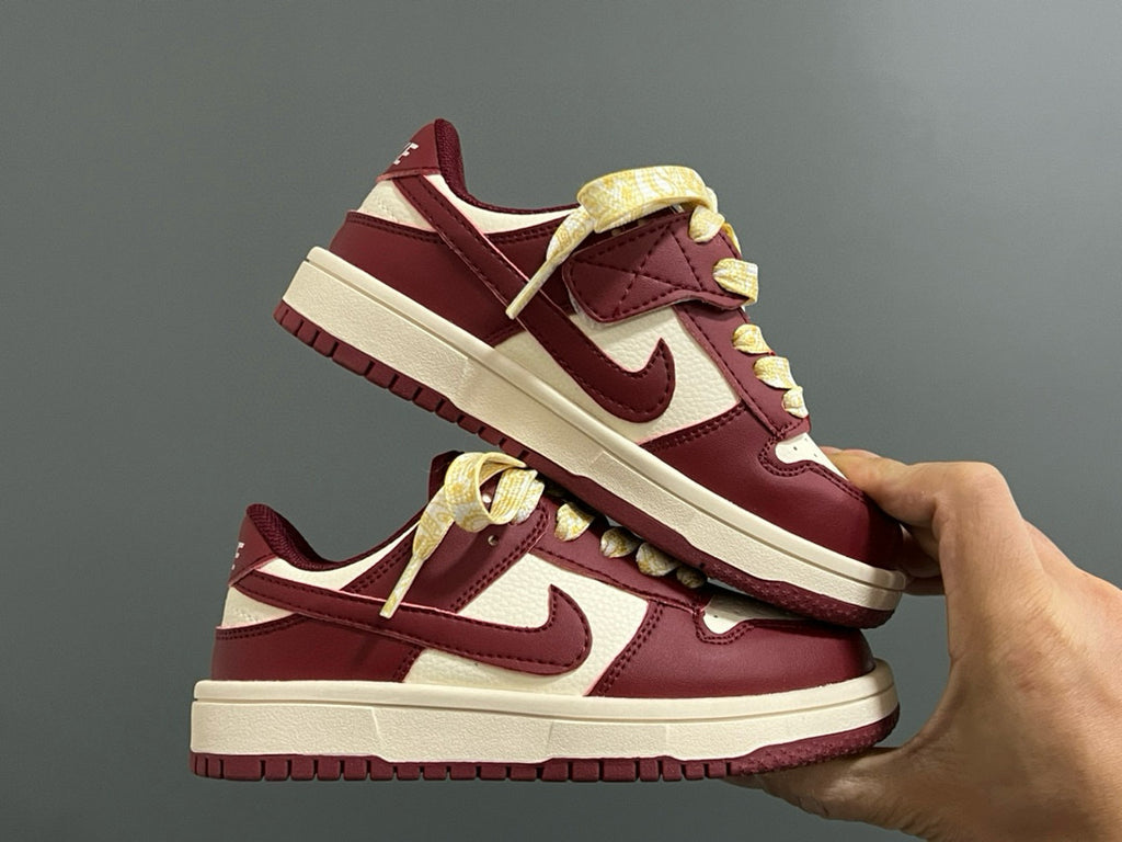 Qiaoyi new high and low top Velcro children's sneaker" cream, burgundy"