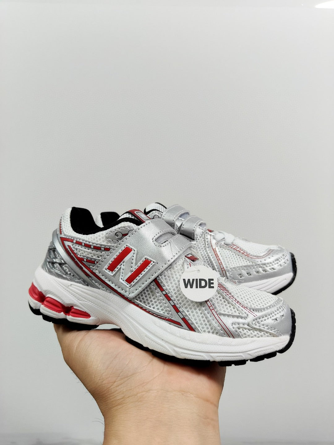 NB 1906 Velcro Kids Running Shoes" white, silver, red"