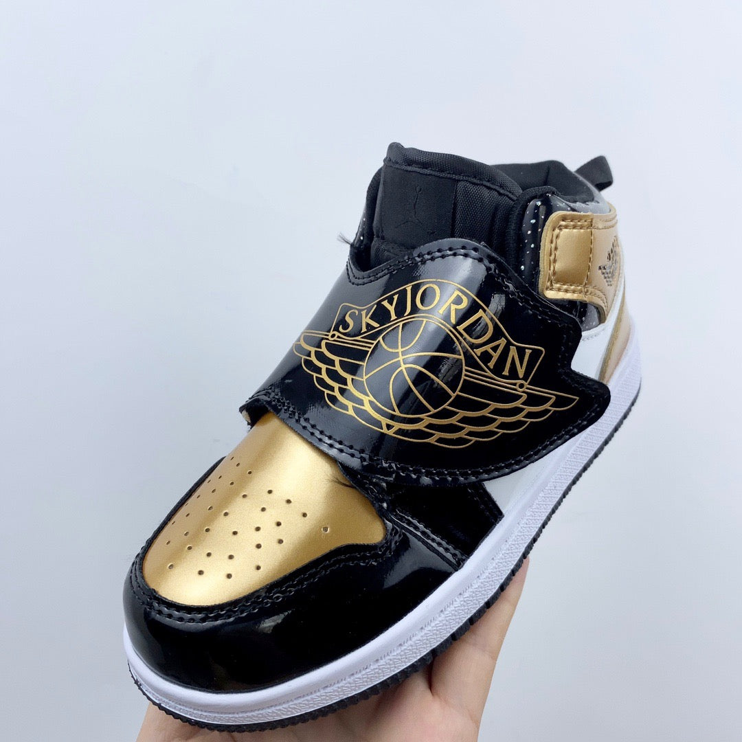 AJ Joe One-Wing Velcro Children's Shoes" black, white, gold"