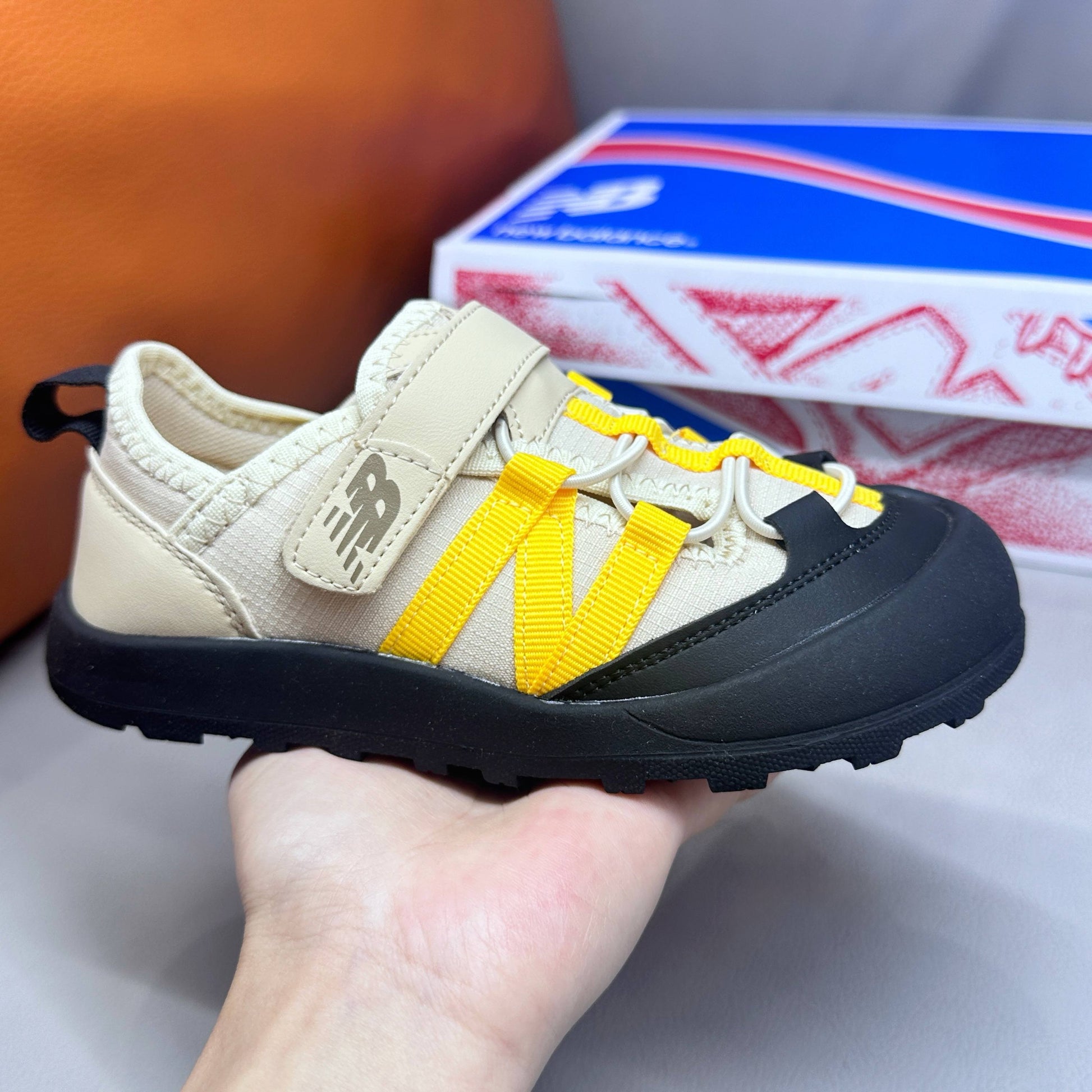 N3205 Velcro Sandals"black, light beige/cream, and yellow"